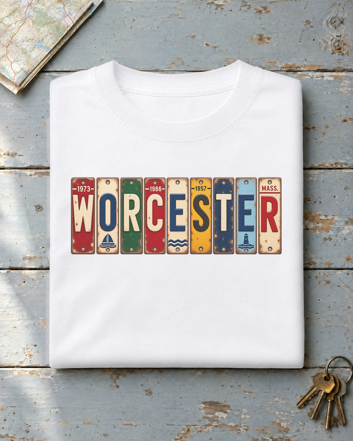 Worcester, Massachusetts vintage license plate t-shirt in White