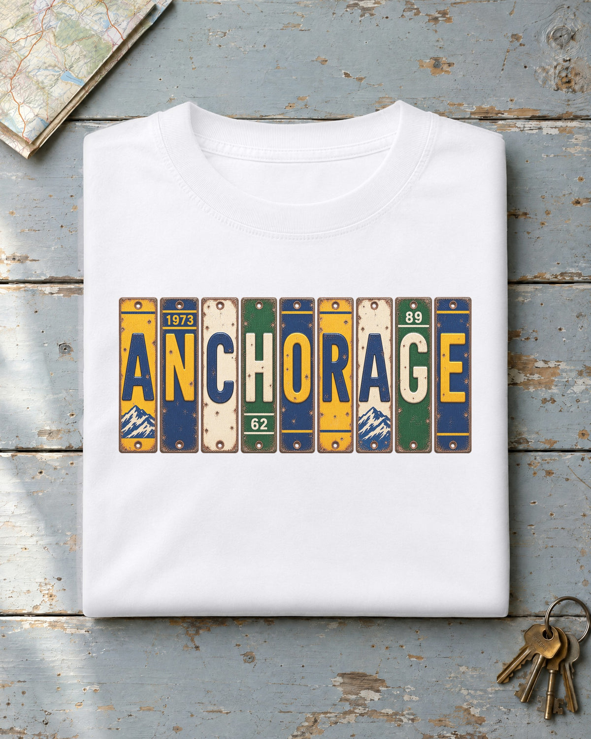 Anchorage, Alaska vintage license plate t-shirt in White