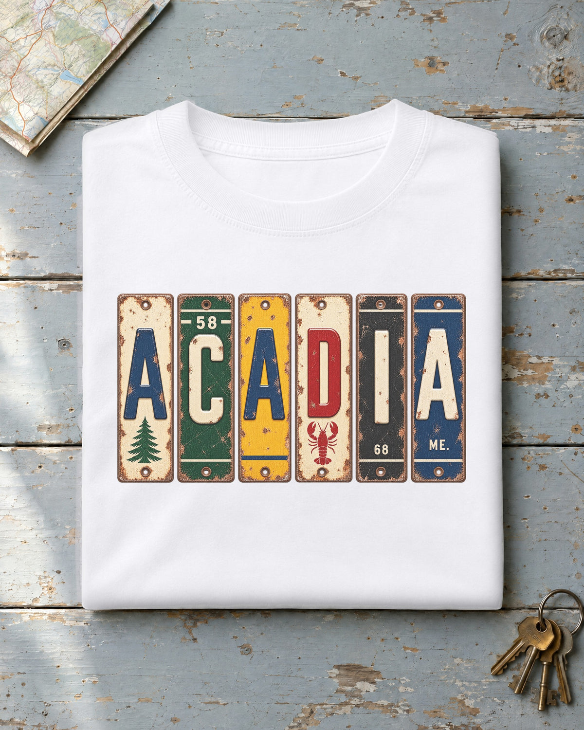 Acadia, Maine vintage license plate t-shirt in White