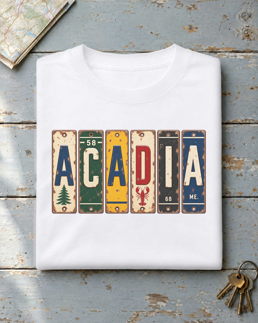 Acadia, Maine vintage license plate t-shirt in White