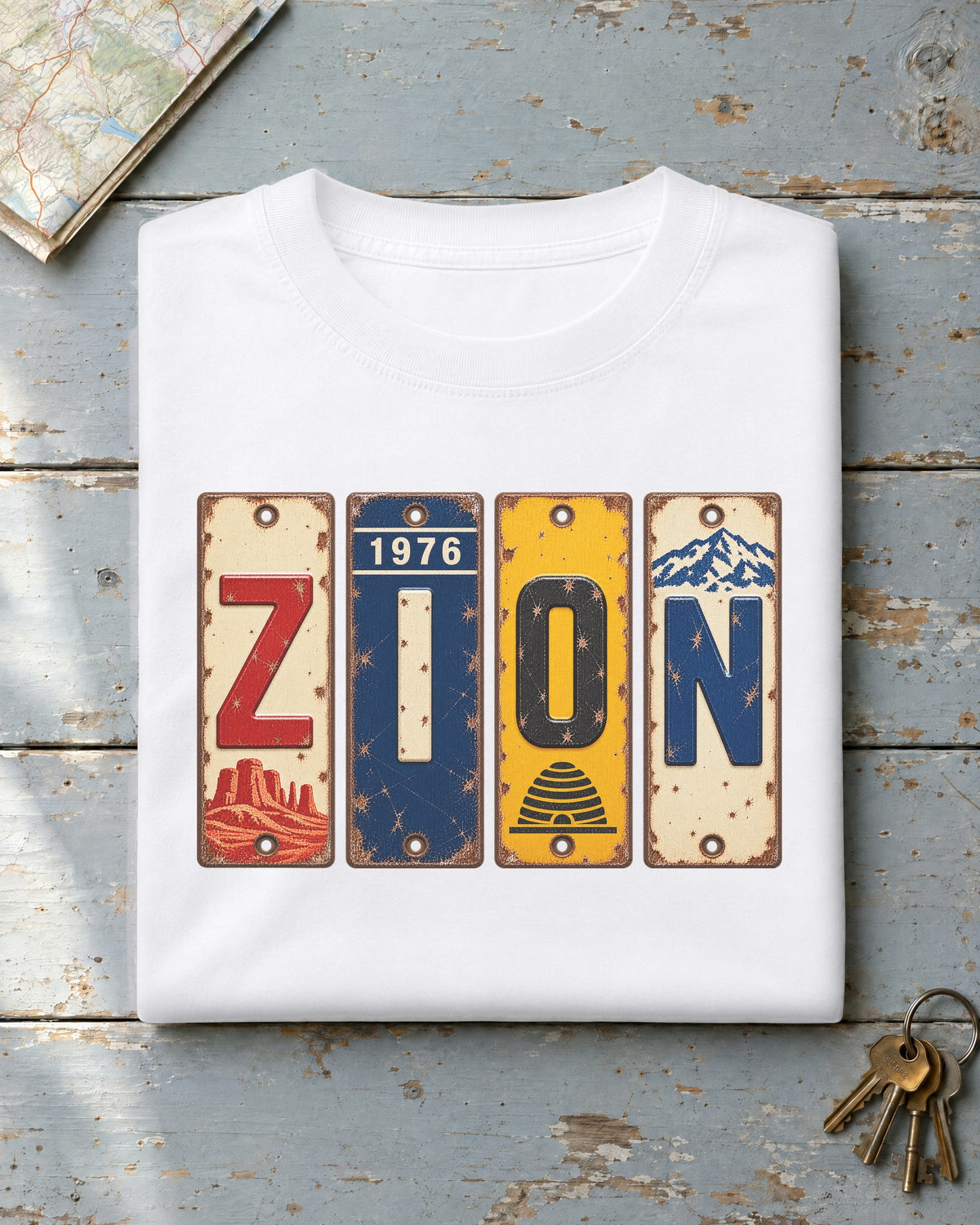 Zion, Utah vintage license plate t-shirt in White