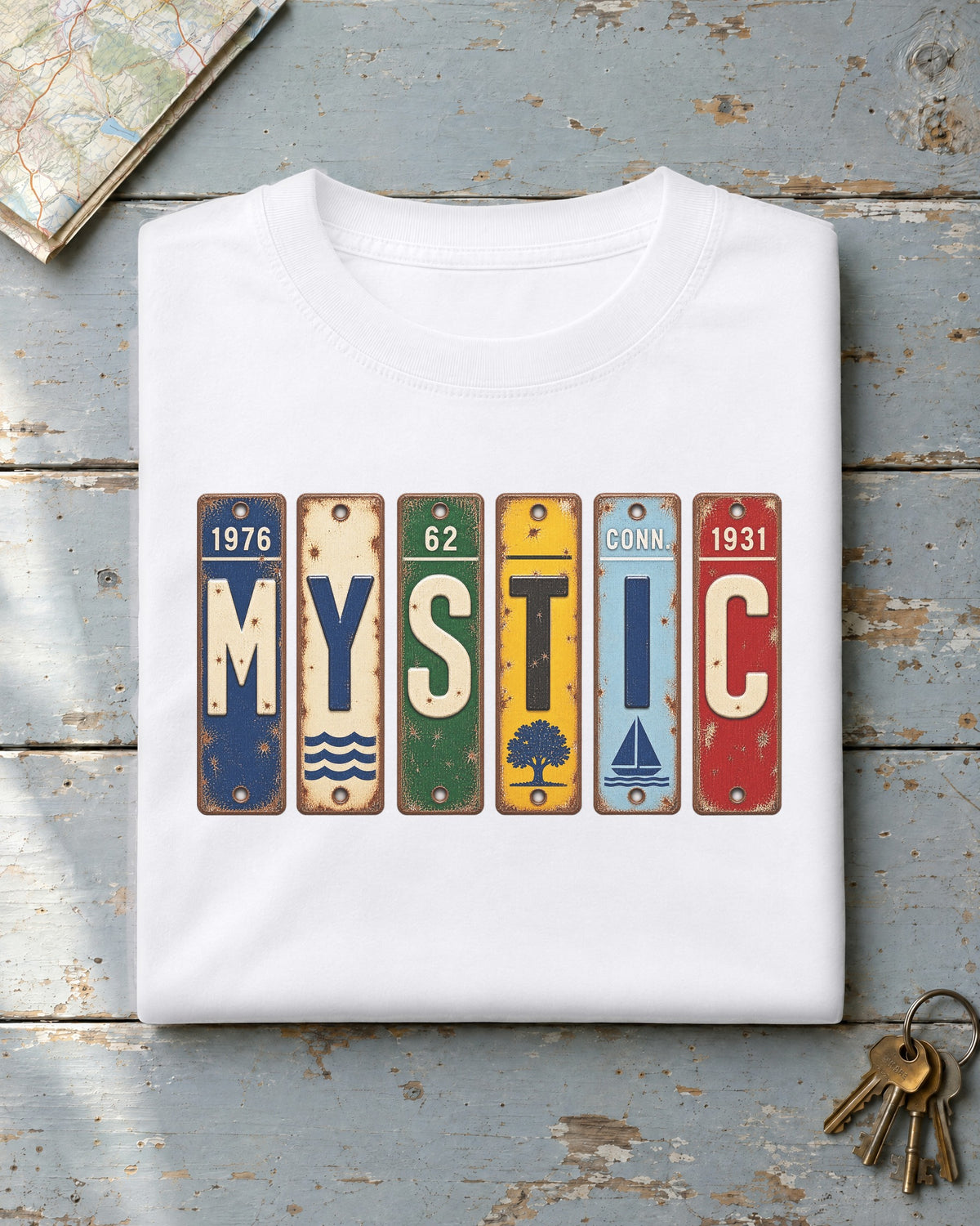 Mystic, Connecticut vintage license plate t-shirt in White