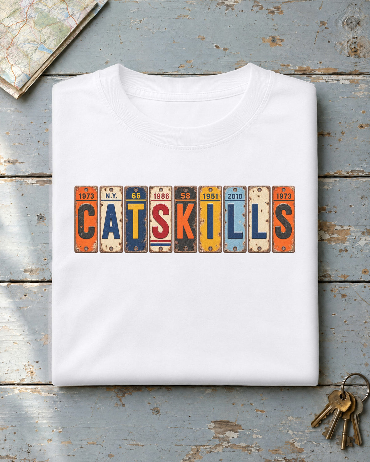 Catskills, New York vintage license plate t-shirt in White