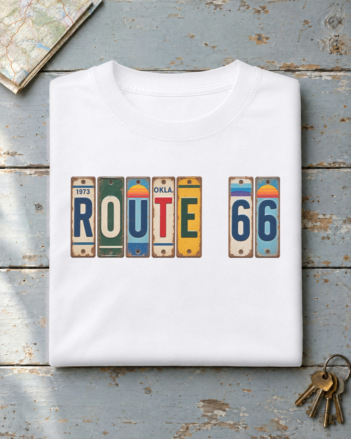Route 66, Oklahoma vintage license plate t-shirt in White