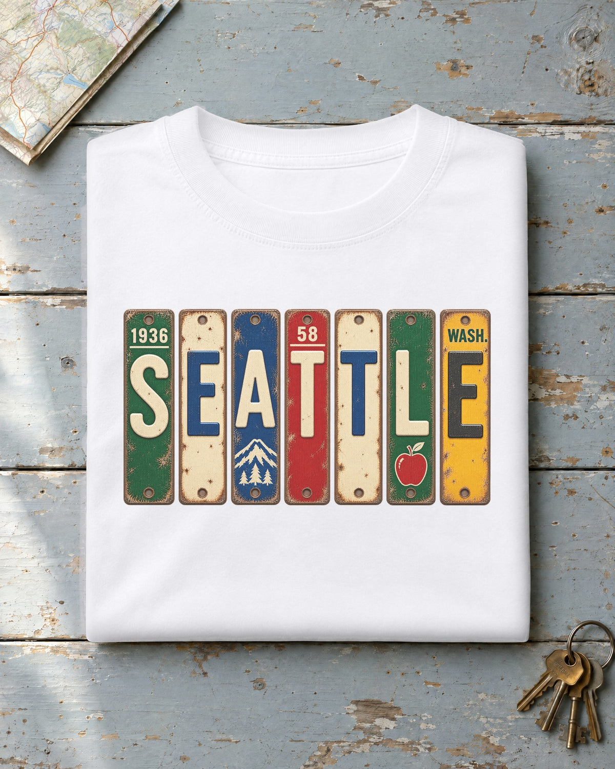Seattle, Washington vintage license plate t-shirt in White