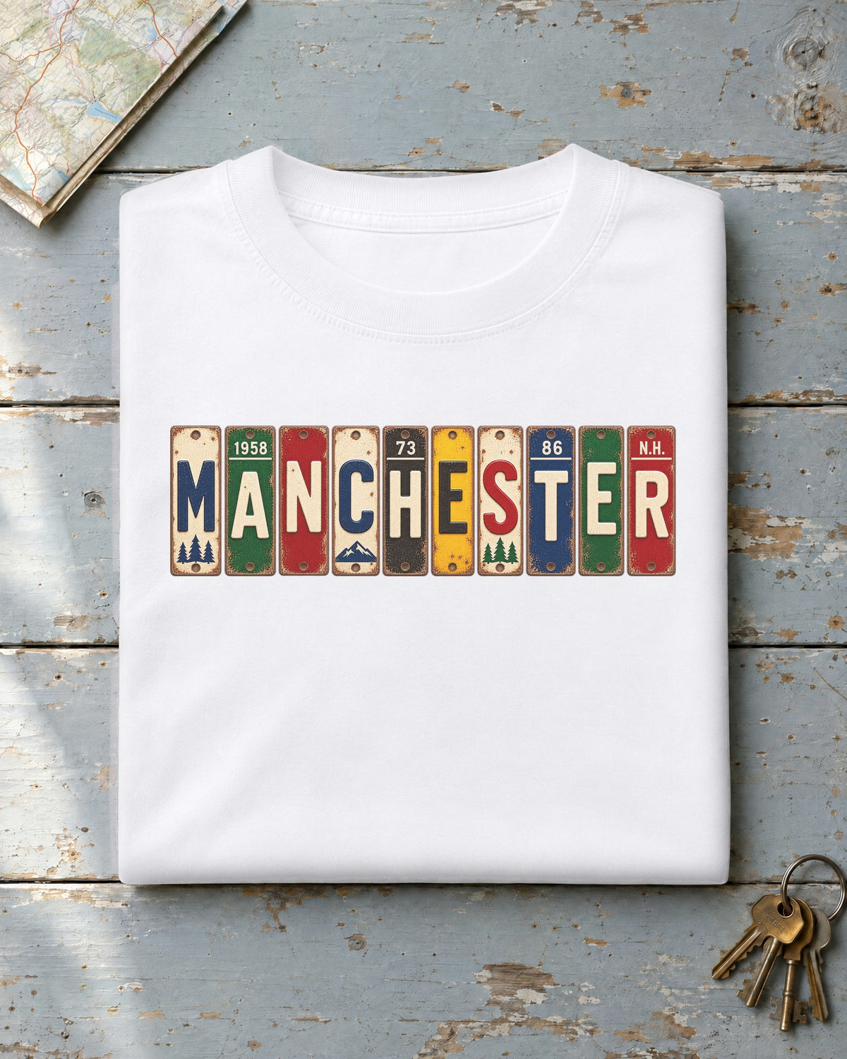 Manchester, New Hampshire vintage license plate t-shirt in White