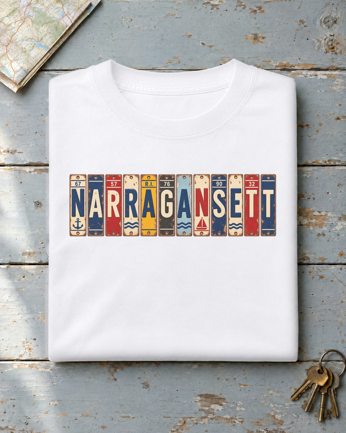 Narragansett, Rhode Island vintage license plate t-shirt in White