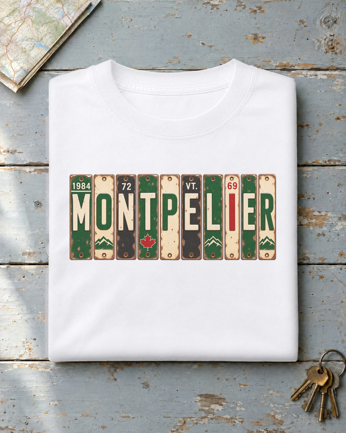 Montpelier, Vermont vintage license plate t-shirt in White
