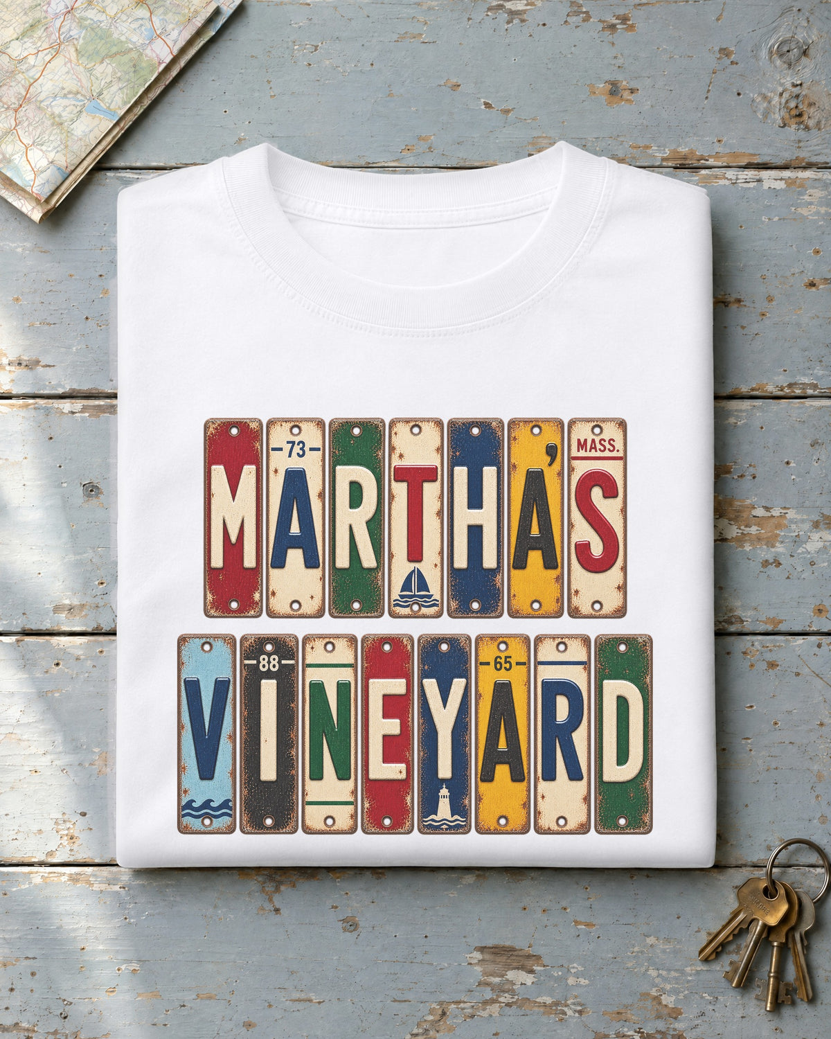 Martha's Vineyard, Massachusetts vintage license plate t-shirt in White