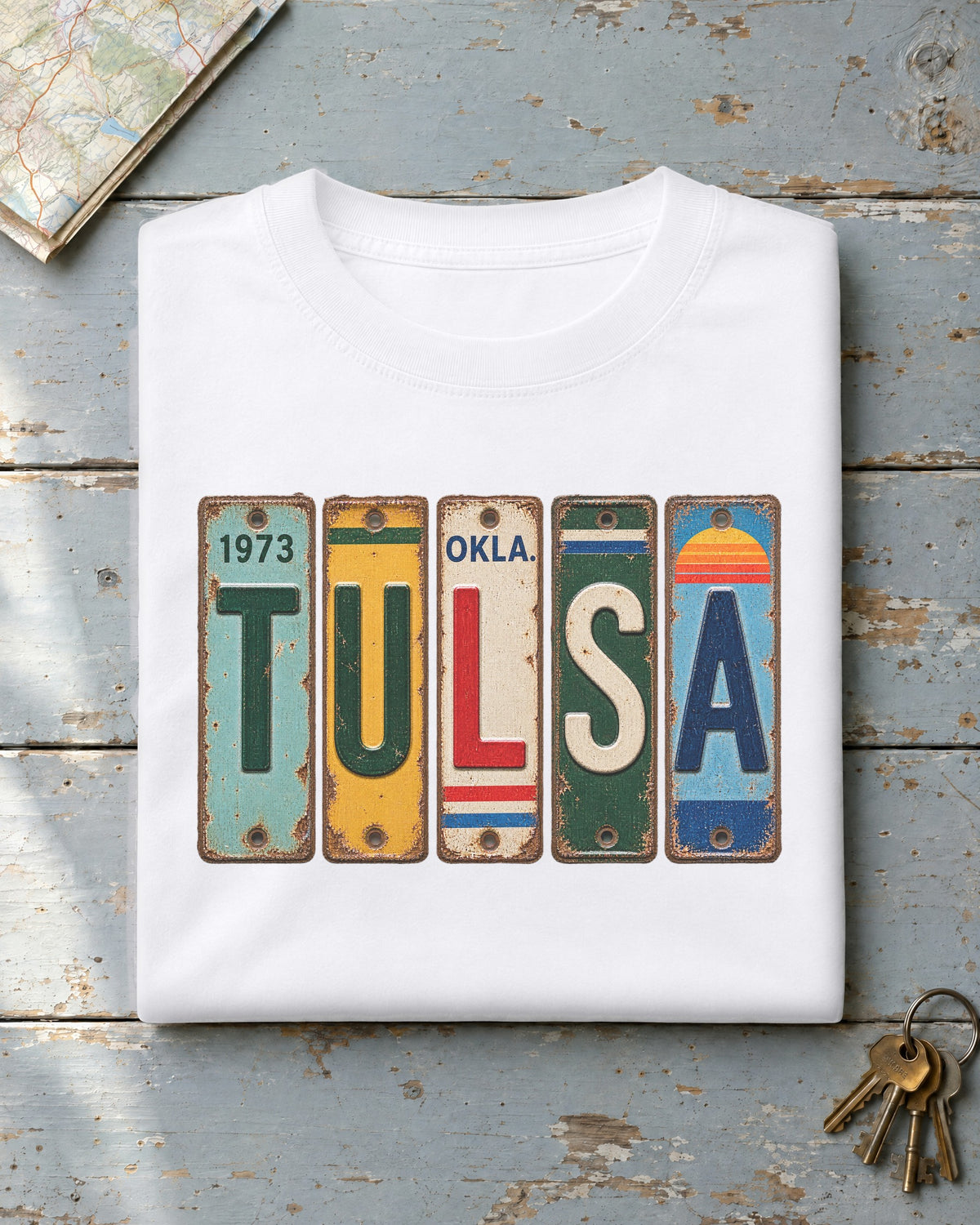 Tulsa, Oklahoma vintage license plate t-shirt in White