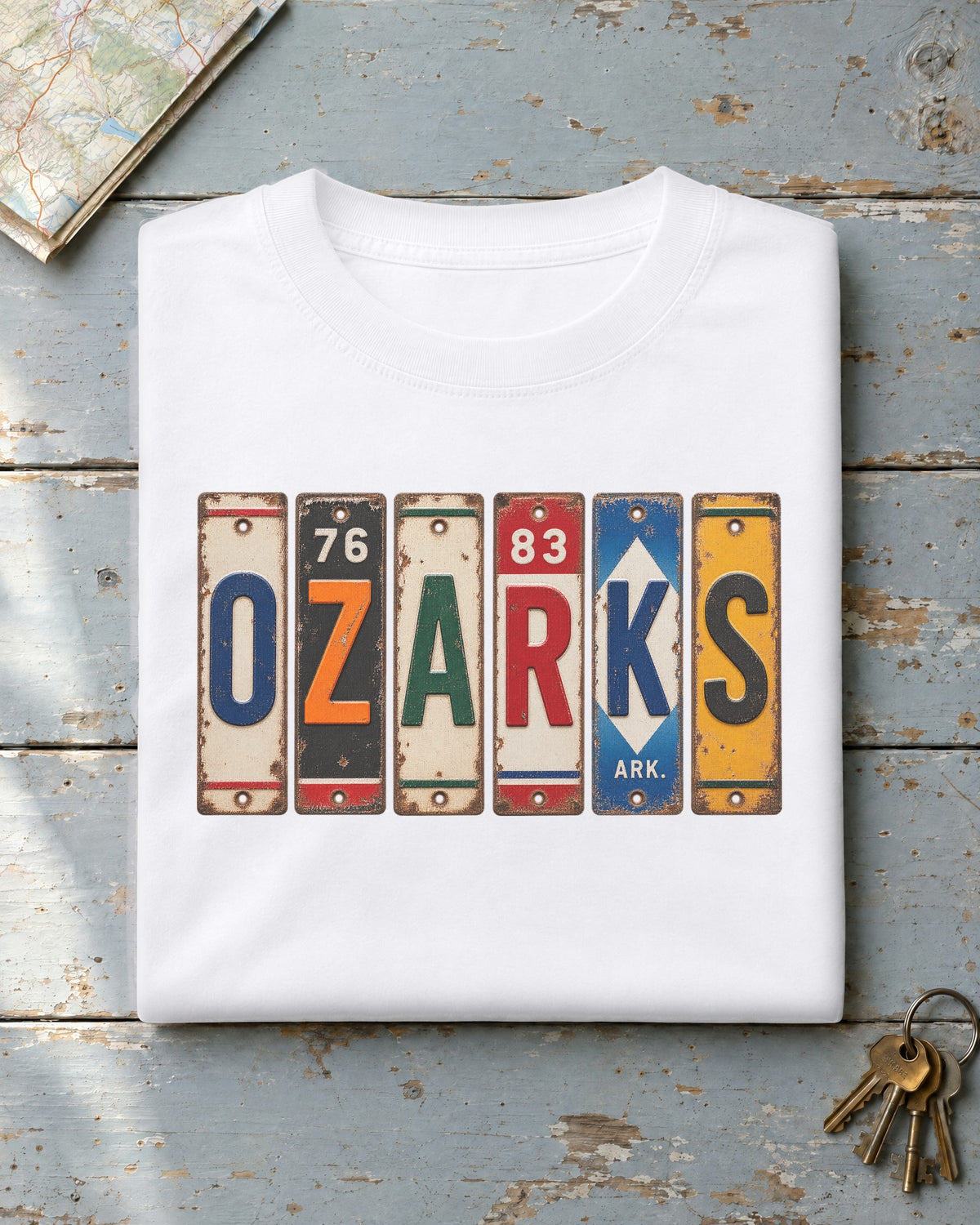Ozarks, Arkansas vintage license plate t-shirt in White