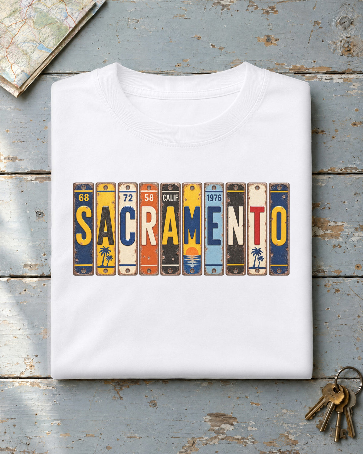 Sacramento, California vintage license plate t-shirt in White