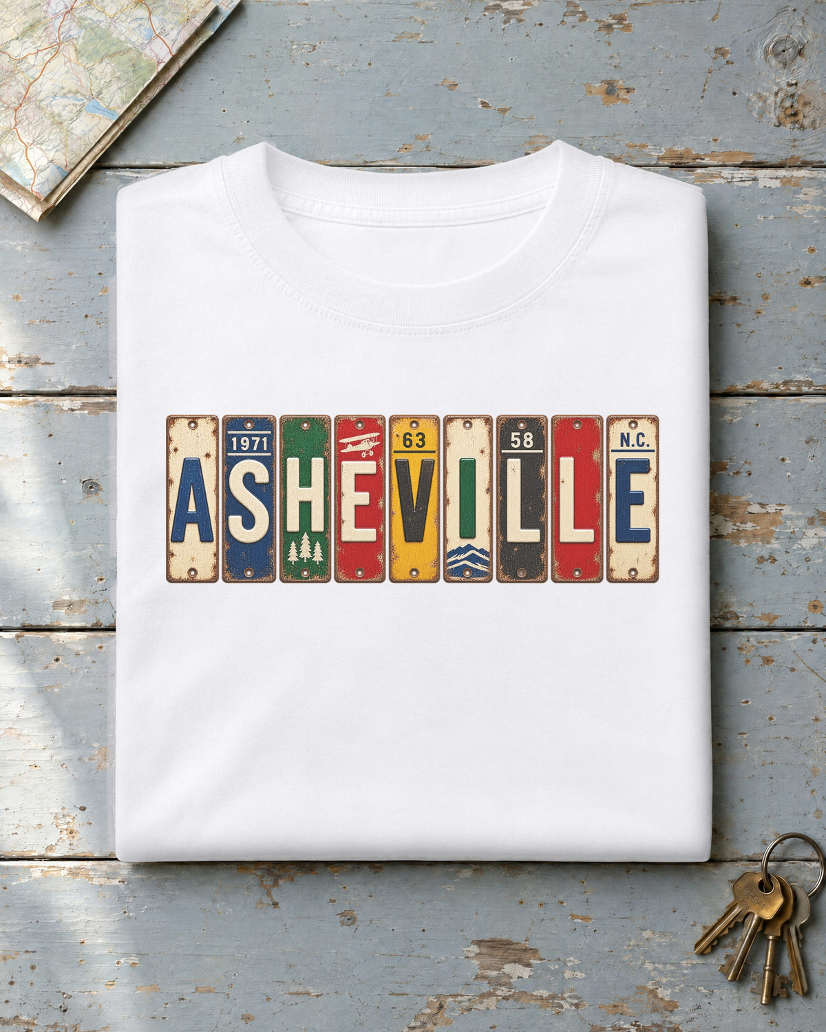 Asheville, North Carolina vintage license plate t-shirt in White