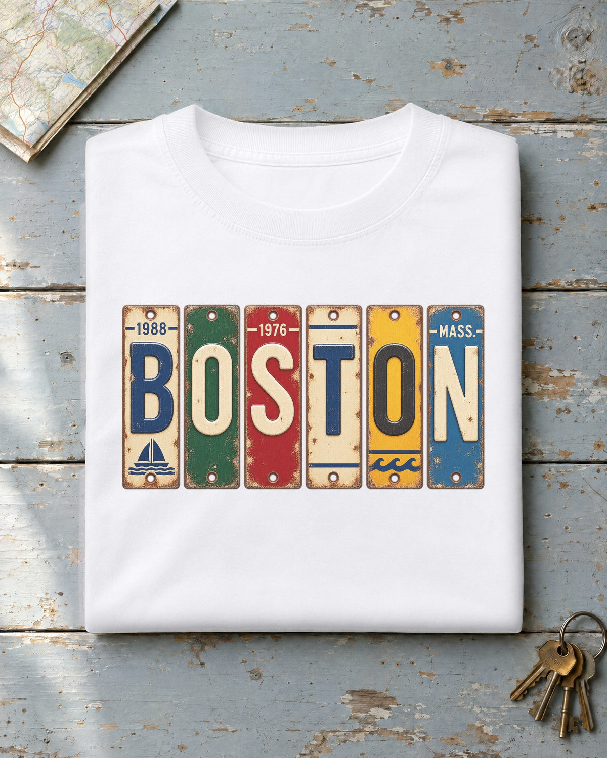 Boston, Massachusetts vintage license plate t-shirt in White