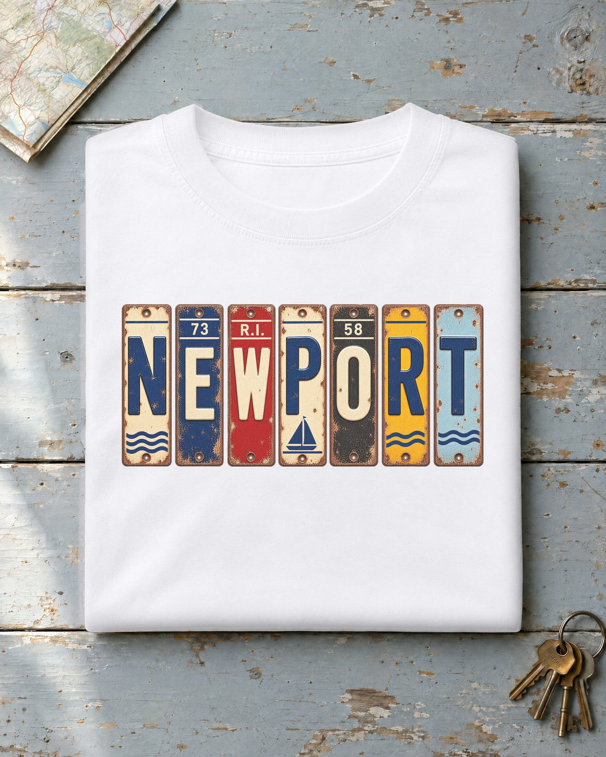 Newport, Rhode Island vintage license plate t-shirt in White