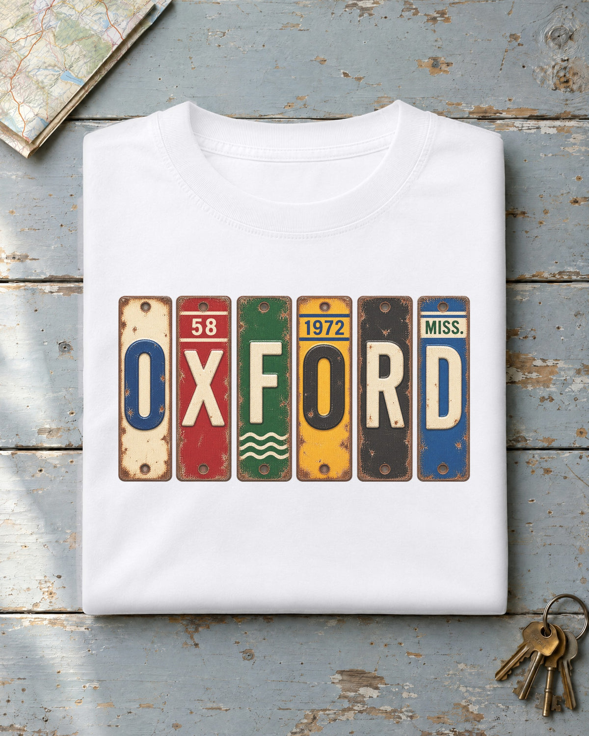 Oxford, Mississippi vintage license plate t-shirt in White