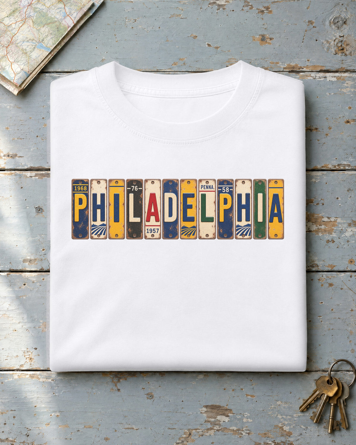 Philadelphia, Pennsylvania vintage license plate t-shirt in White