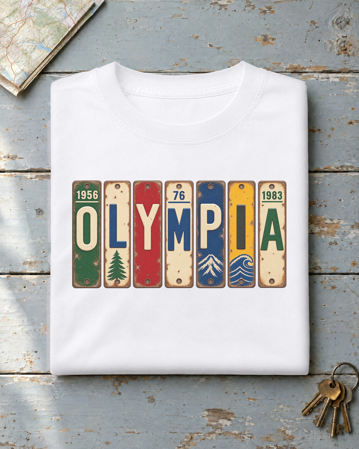 Olympia, Washington vintage license plate t-shirt in White