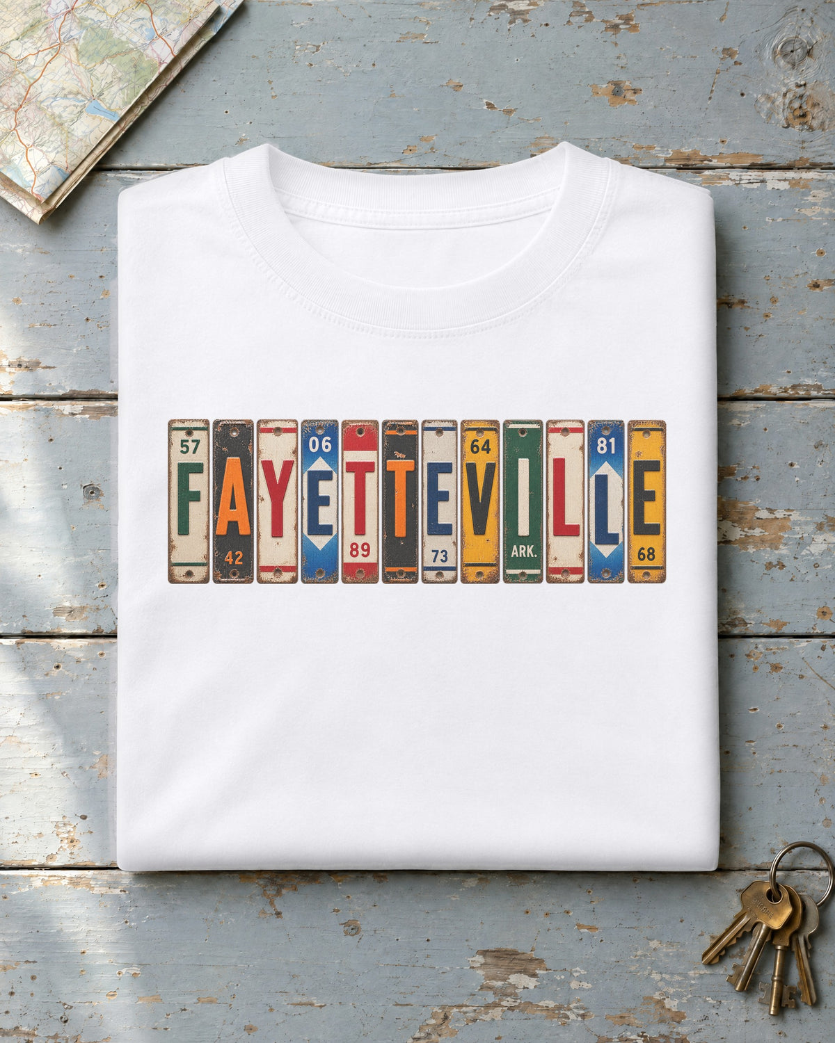 Fayetteville, Arkansas vintage license plate t-shirt in White