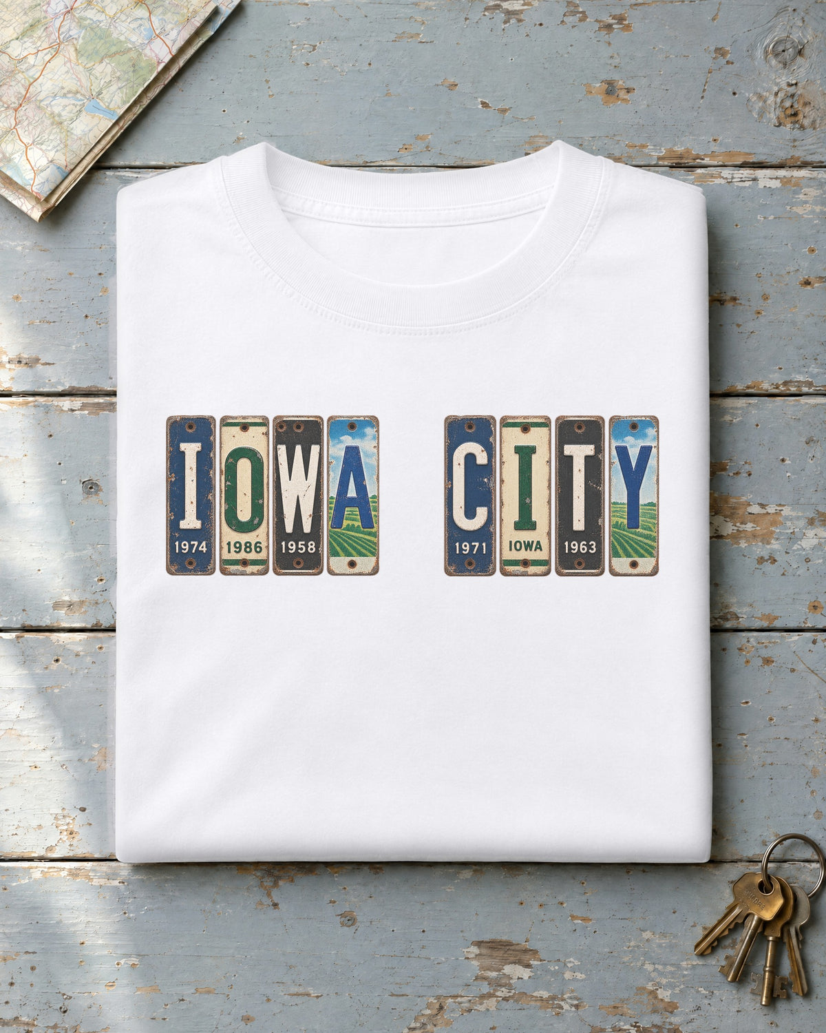Iowa City, Iowa vintage license plate t-shirt in White
