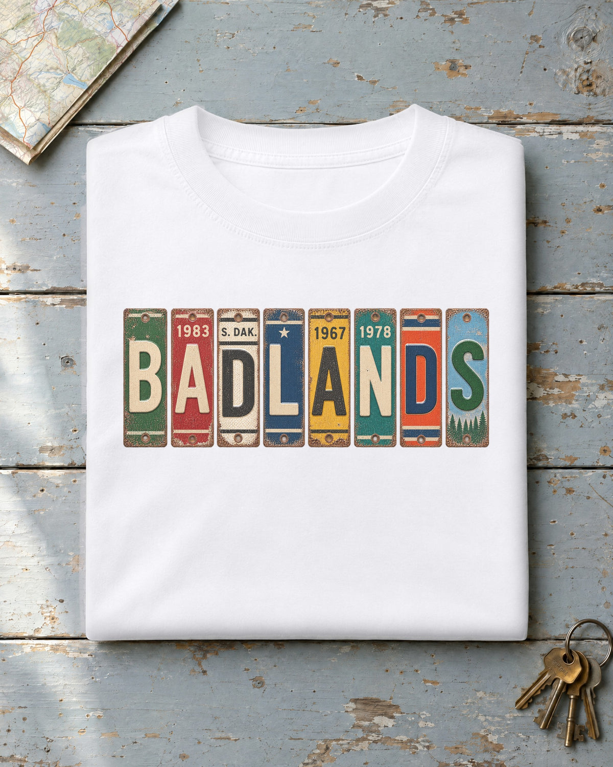 Badlands, South Dakota vintage license plate t-shirt in White