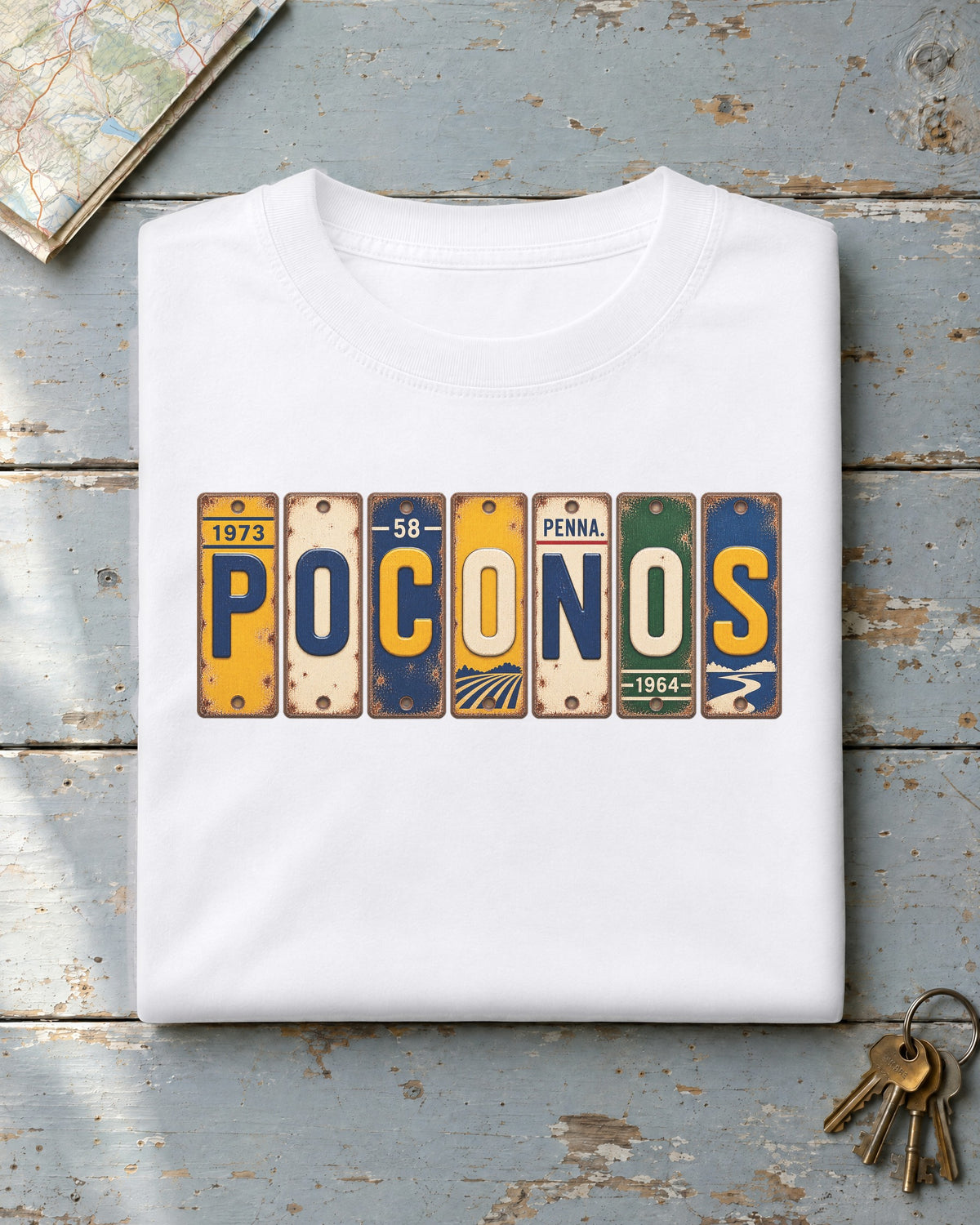 Poconos, Pennsylvania vintage license plate t-shirt in White