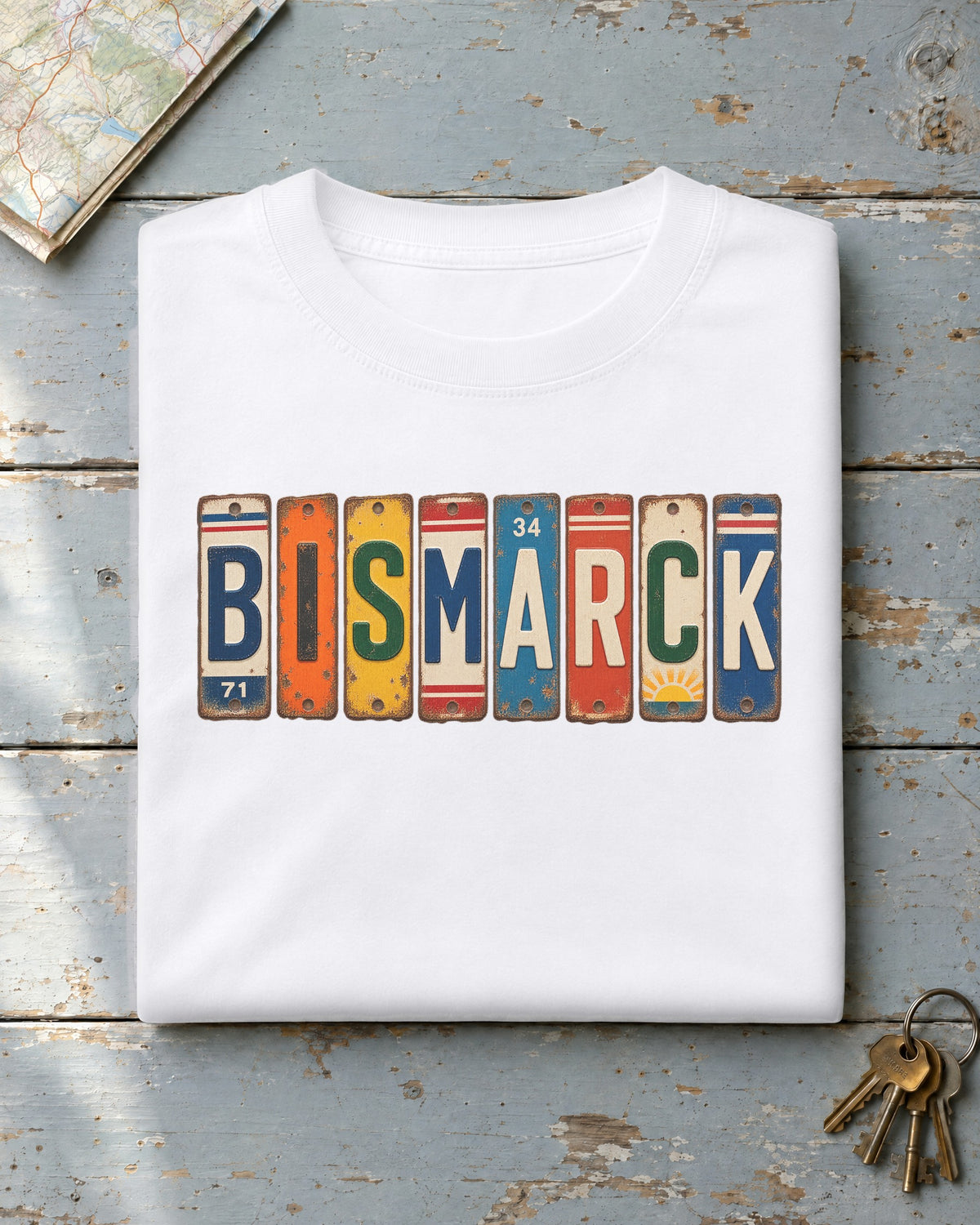 Bismarck, North Dakota vintage license plate t-shirt in White