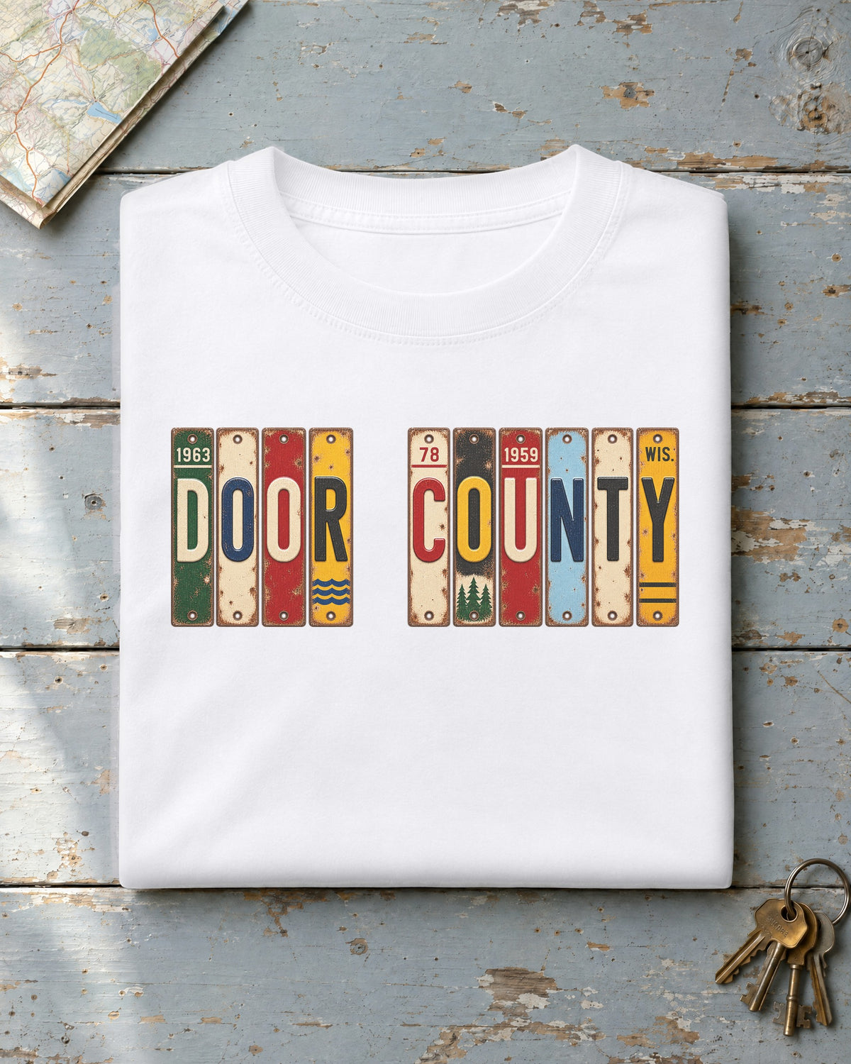 Door County, Wisconsin vintage license plate t-shirt in White