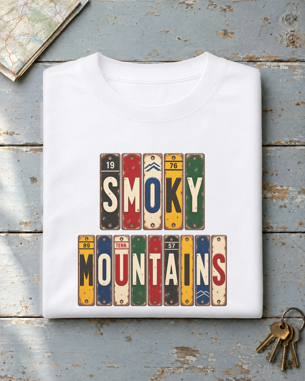 Smoky Mountains, Tennessee vintage license plate t-shirt in White