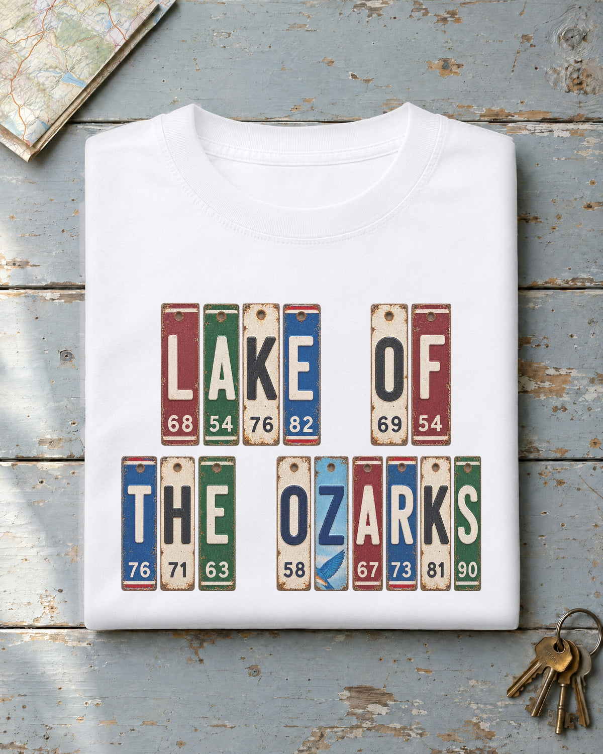 Lake of the Ozarks, Missouri vintage license plate t-shirt in White
