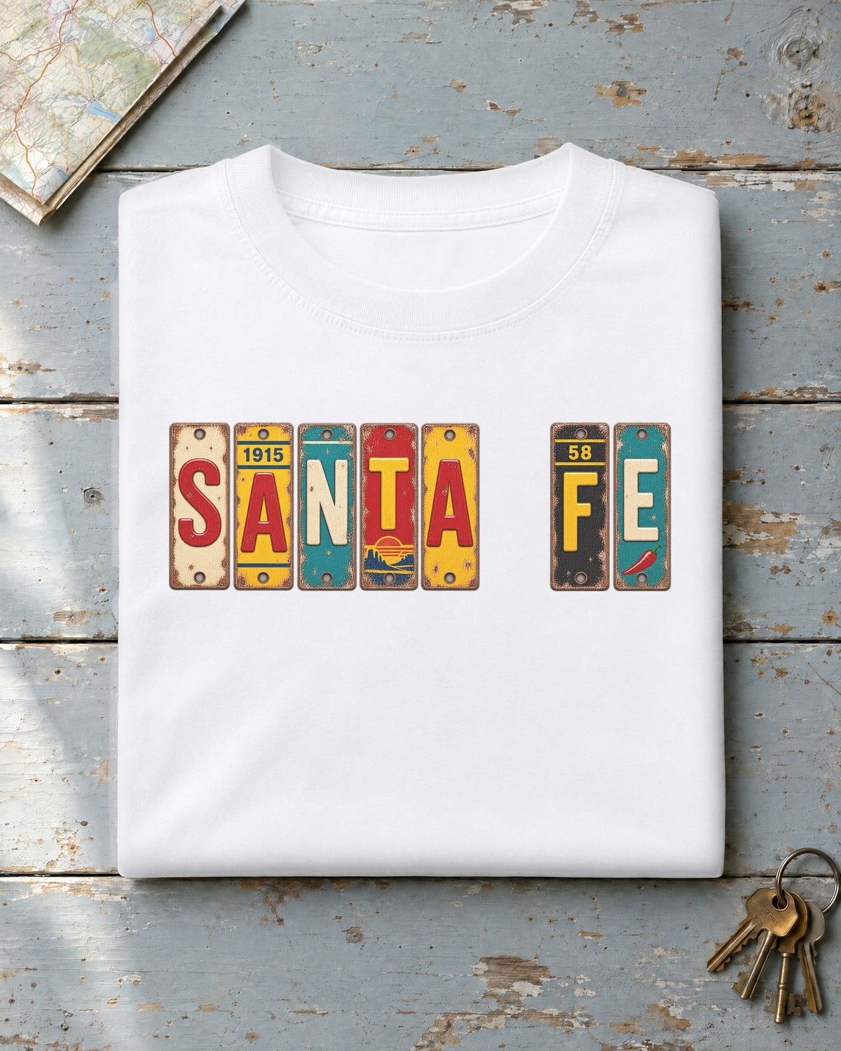 Santa Fe, New Mexico vintage license plate t-shirt in White