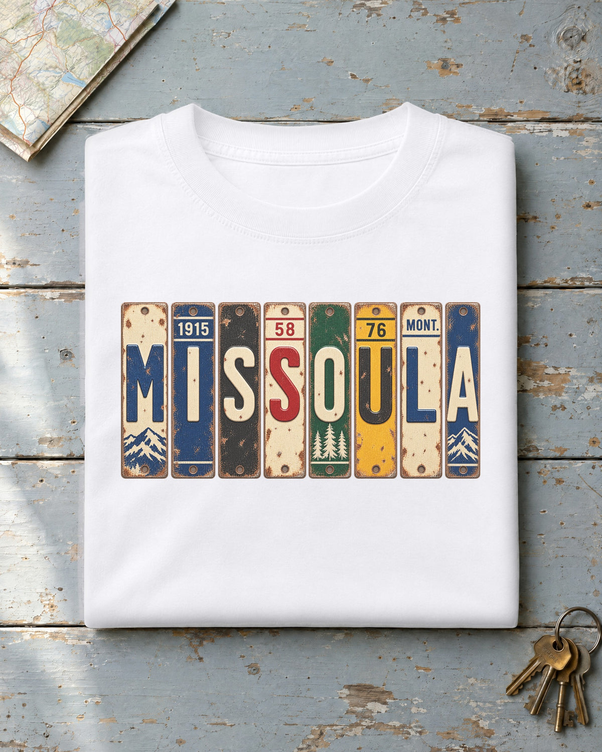 Missoula, Montana vintage license plate t-shirt in White