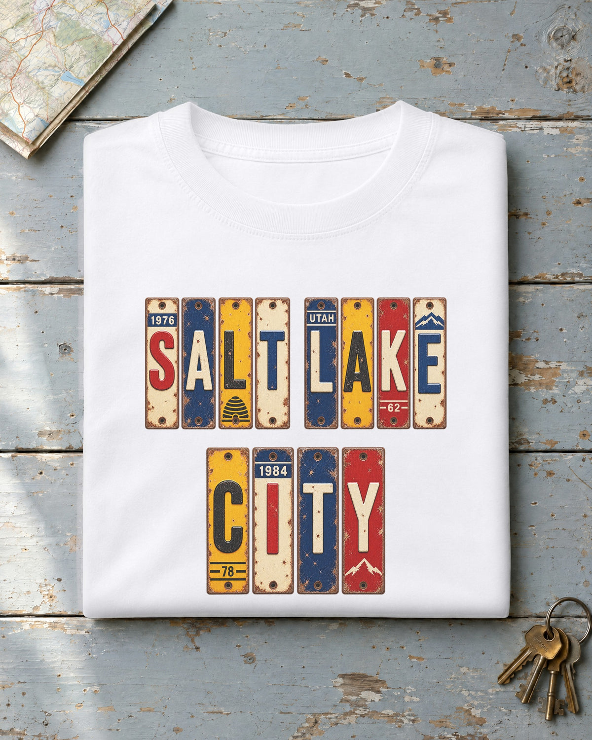 Salt Lake City, Utah vintage license plate t-shirt in White