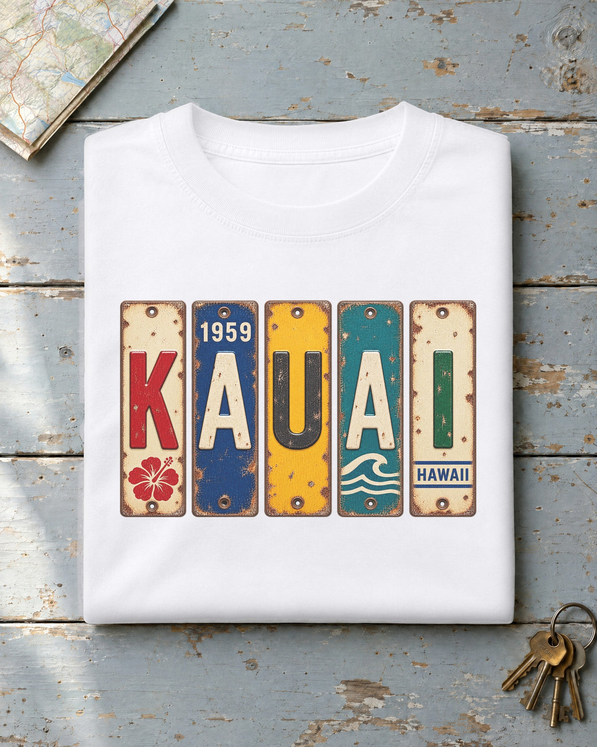 Kauai, Hawaii vintage license plate t-shirt in White