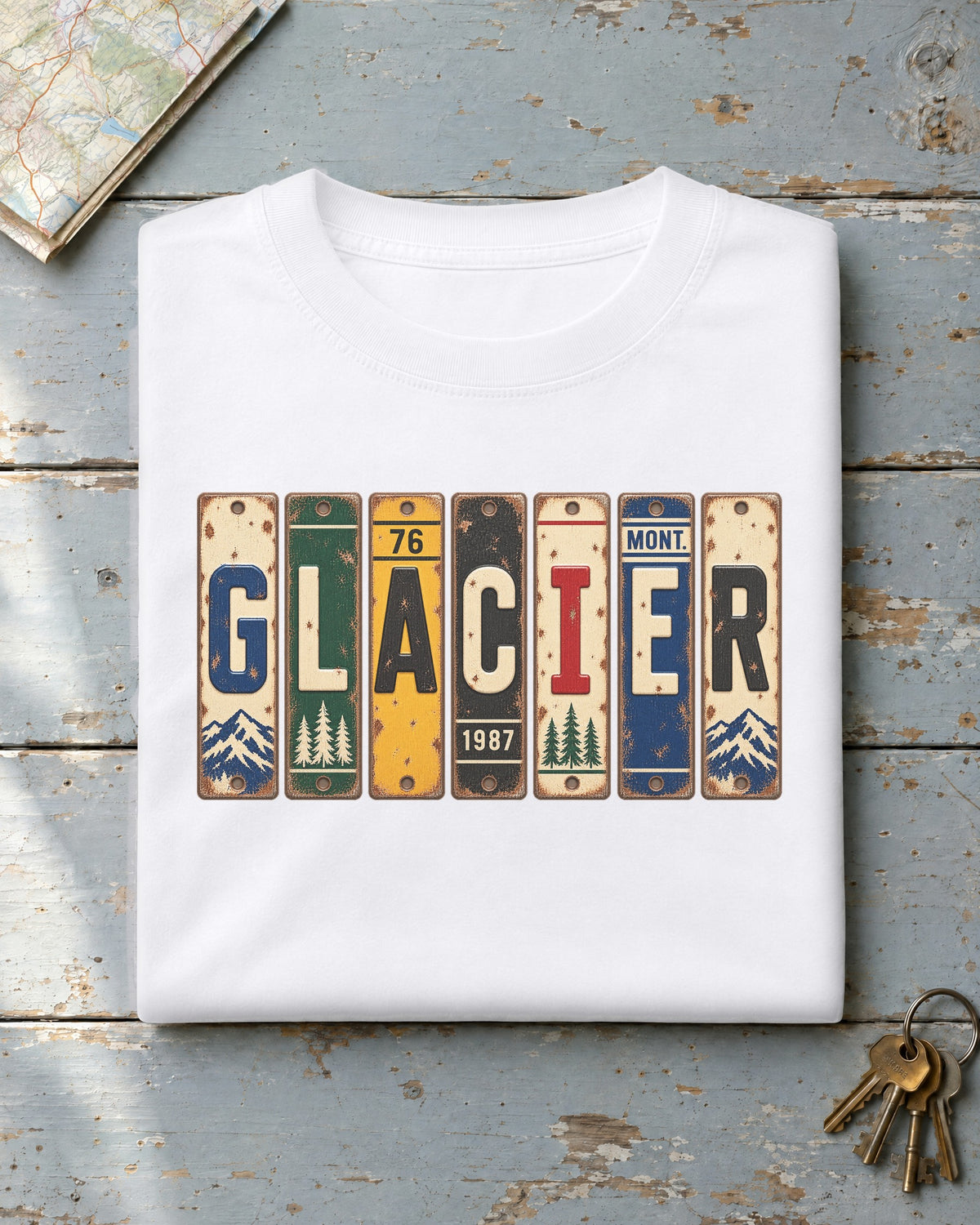 Glacier, Montana vintage license plate t-shirt in White