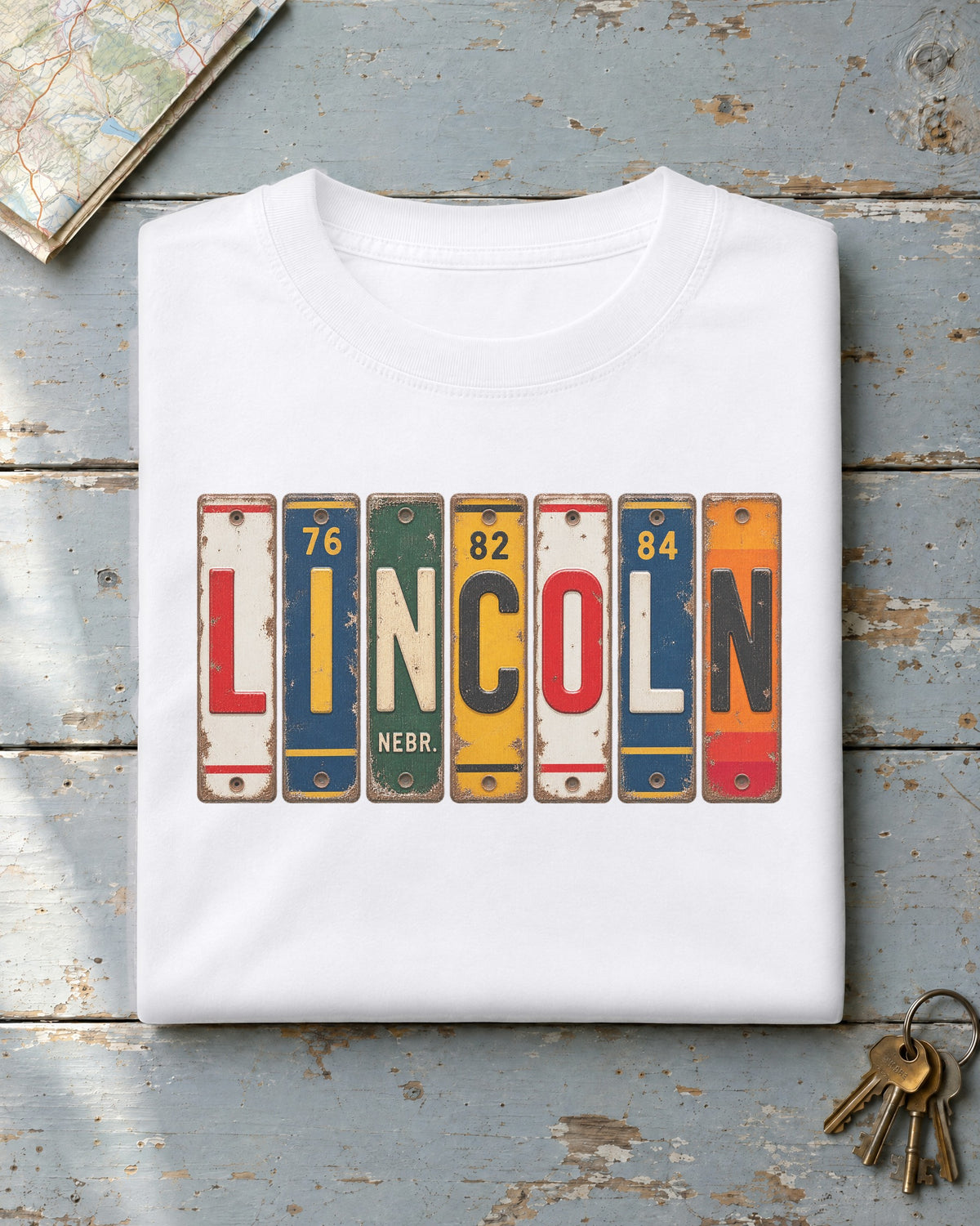 Lincoln, Nebraska vintage license plate t-shirt in White
