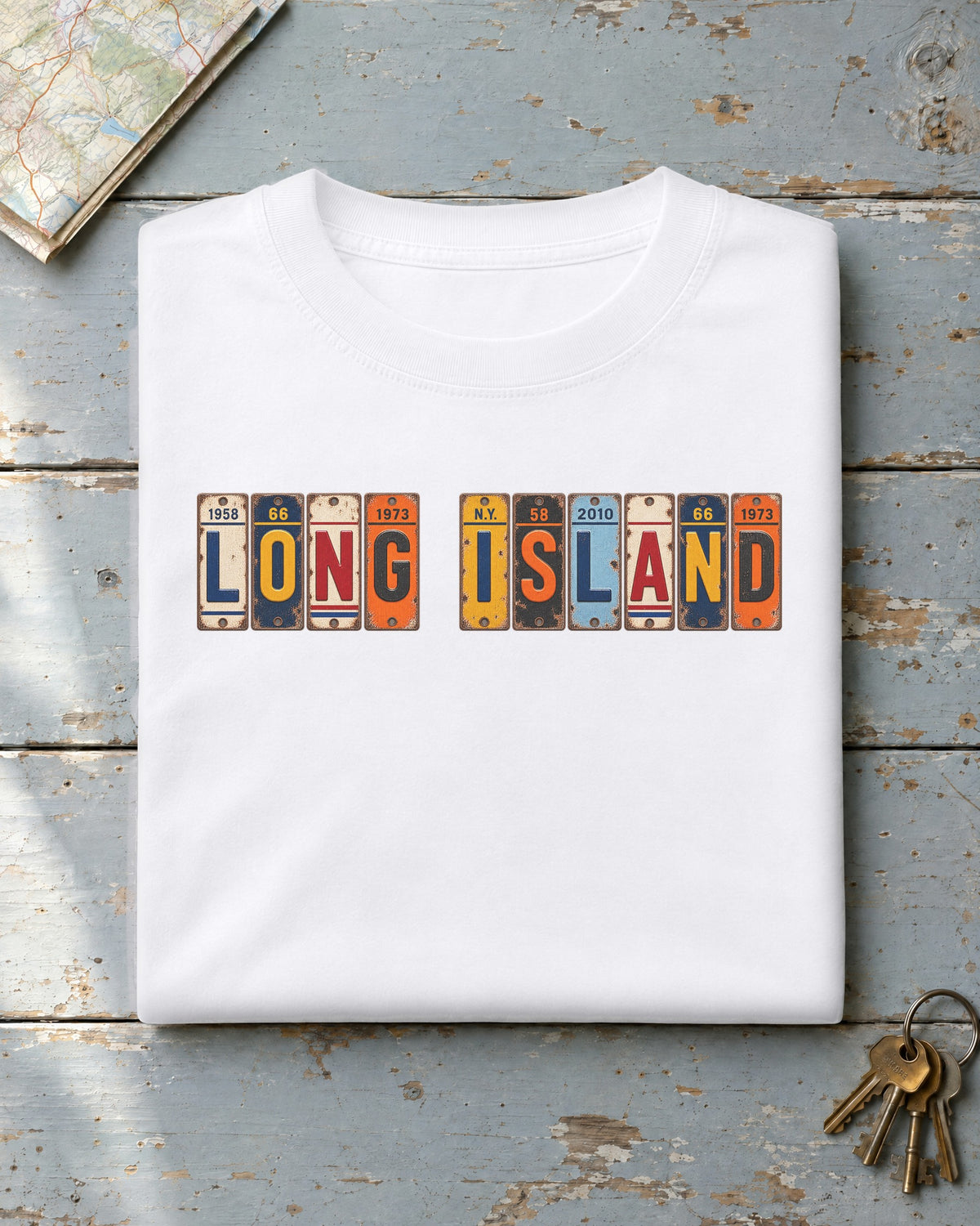 Long Island, New York vintage license plate t-shirt in White