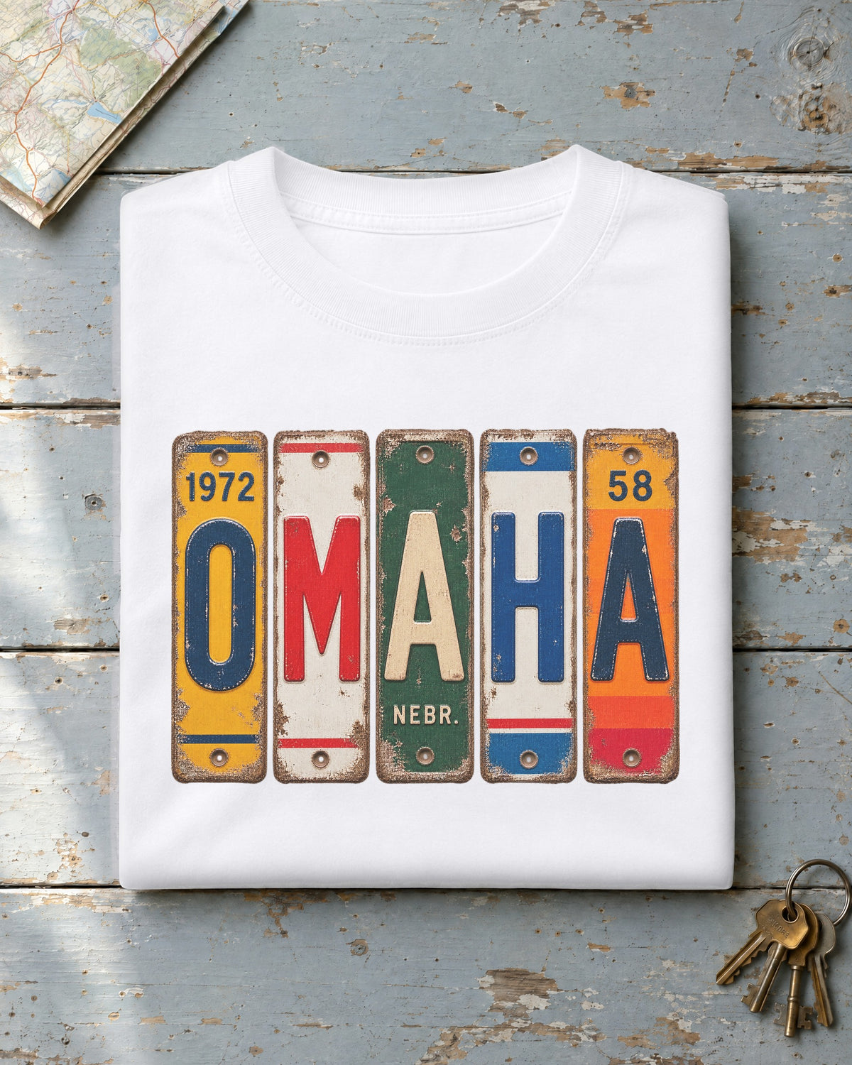 Omaha, Nebraska vintage license plate t-shirt in White