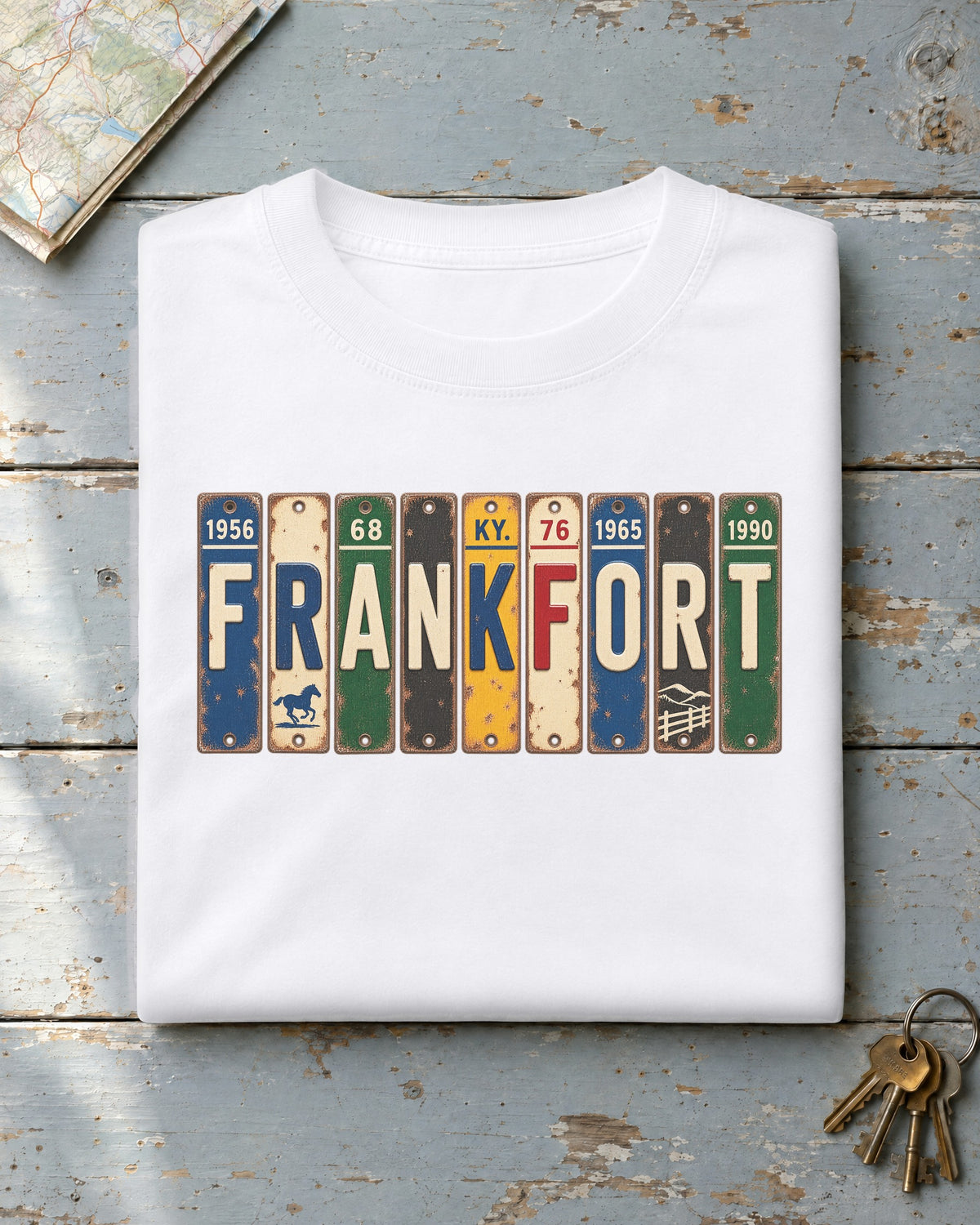 Frankfort, Kentucky vintage license plate t-shirt in White