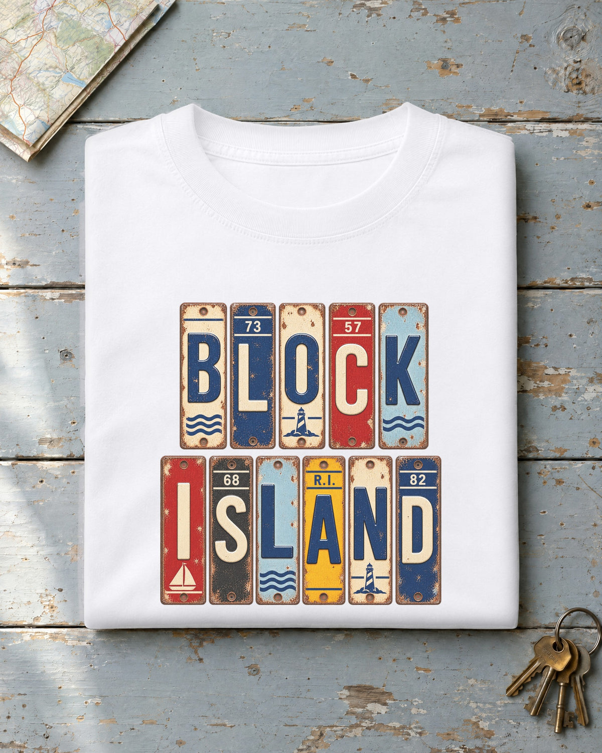 Block Island, Rhode Island vintage license plate t-shirt in White