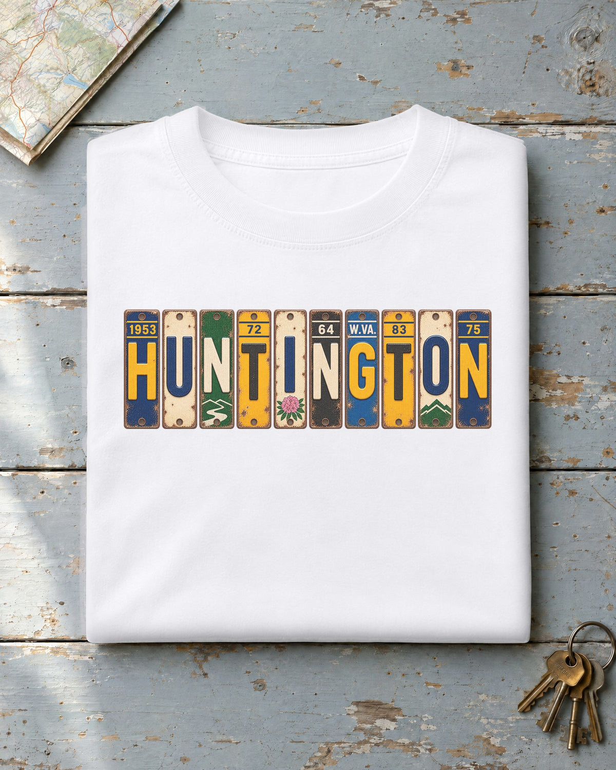 Huntington, West Virginia vintage license plate t-shirt in White