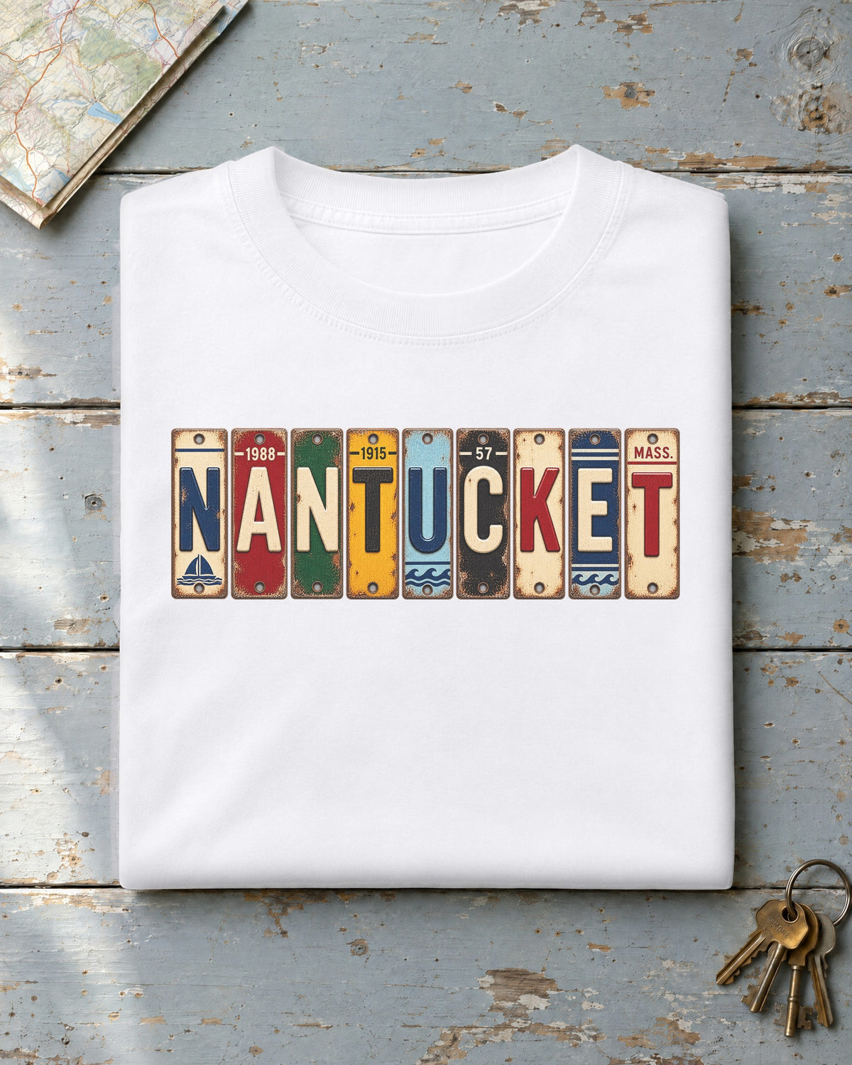 Nantucket, Massachusetts vintage license plate t-shirt in White