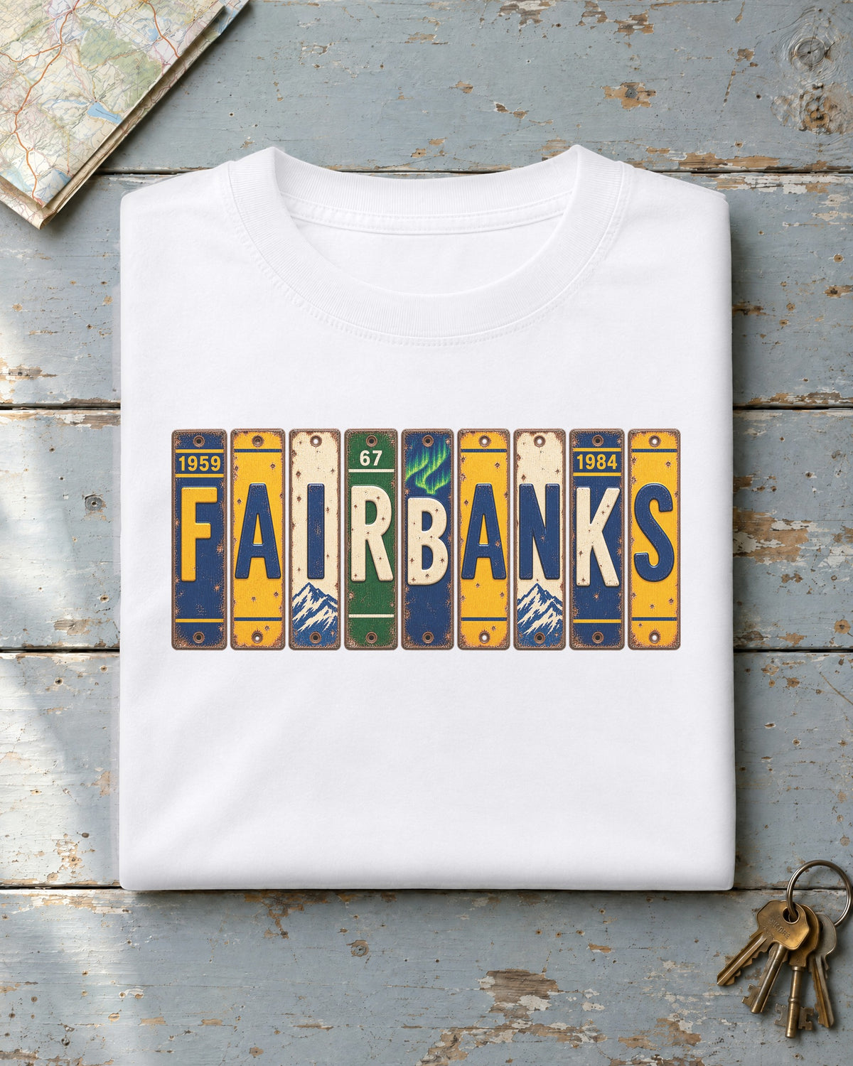 Fairbanks, Alaska vintage license plate t-shirt in White
