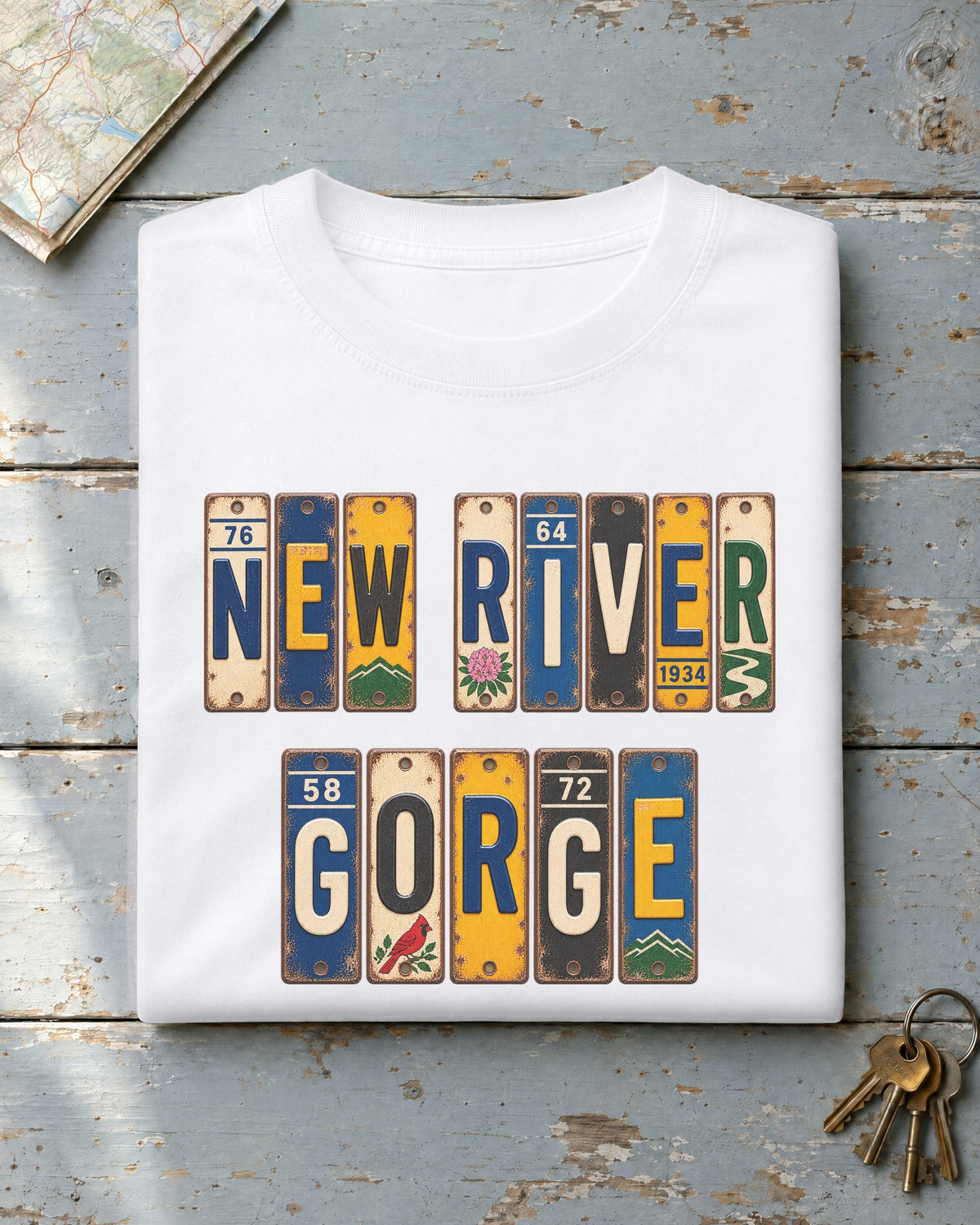 New River Gorge, West Virginia vintage license plate t-shirt in White