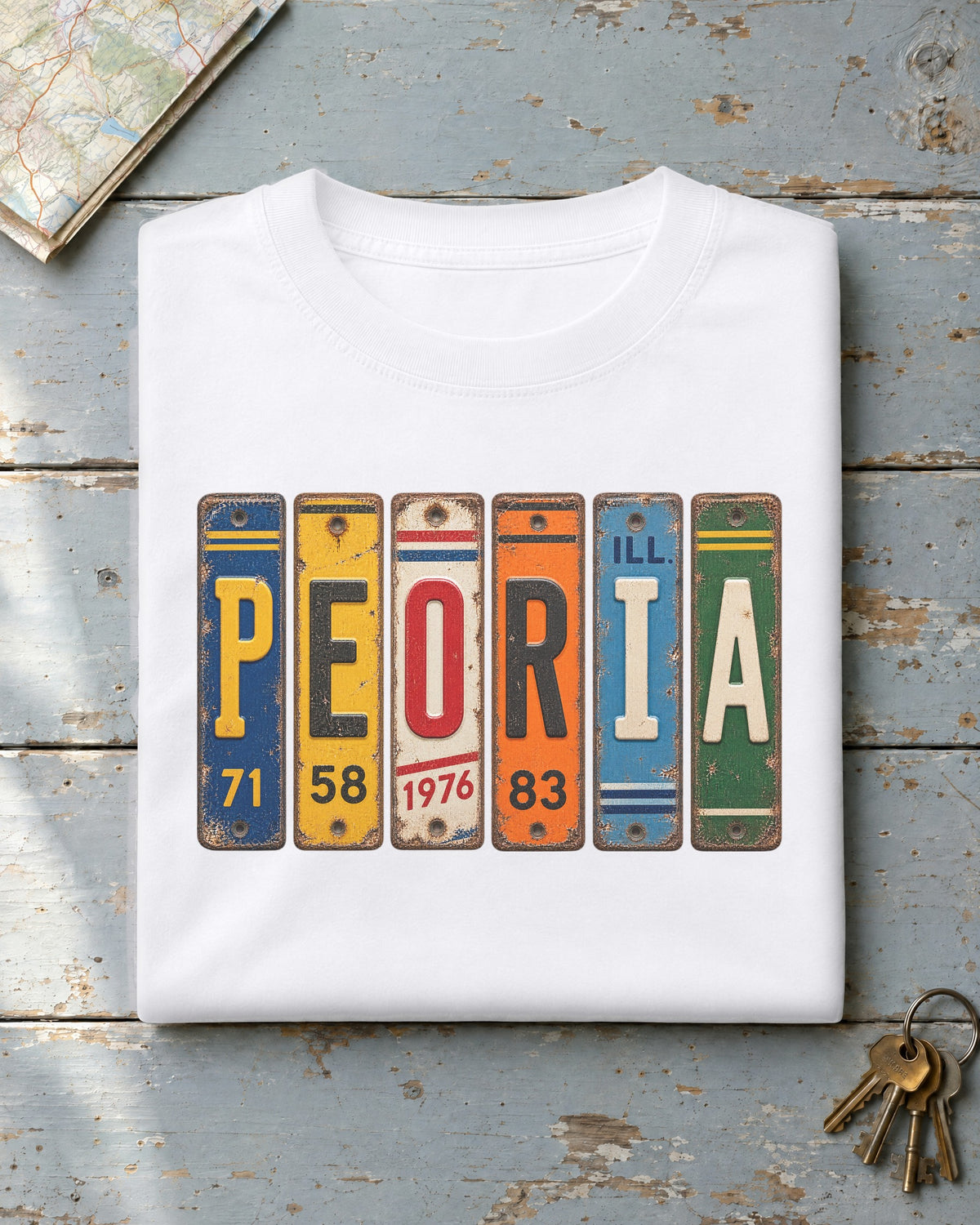 Peoria, Illinois vintage license plate t-shirt in White