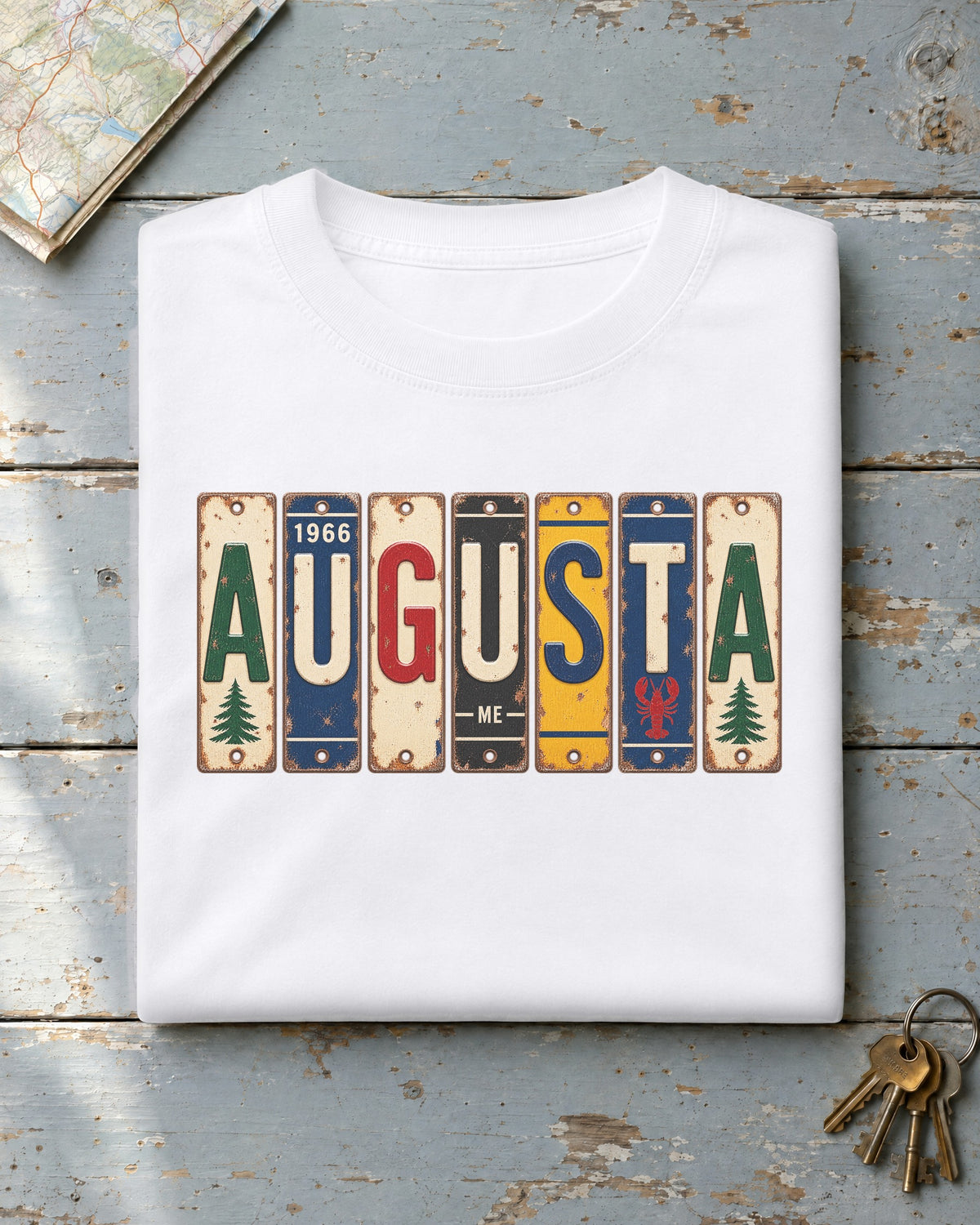 Augusta, Maine vintage license plate t-shirt in White