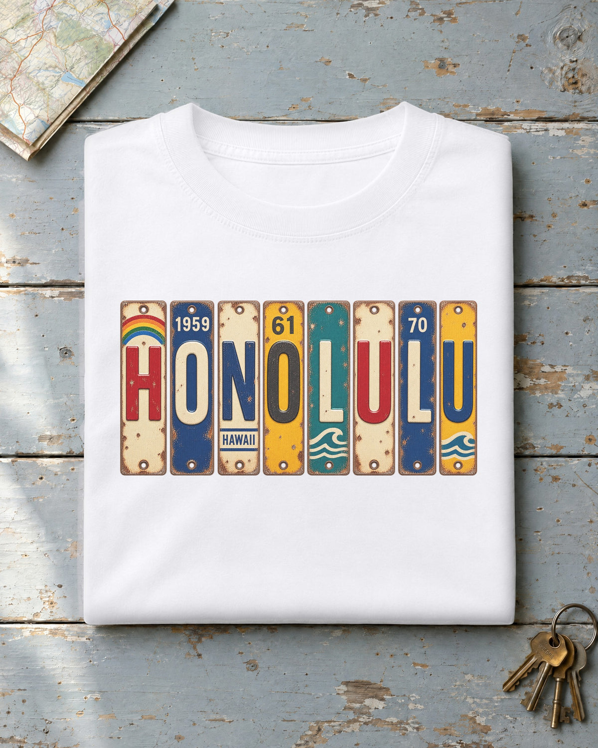 Honolulu, Hawaii vintage license plate t-shirt in White