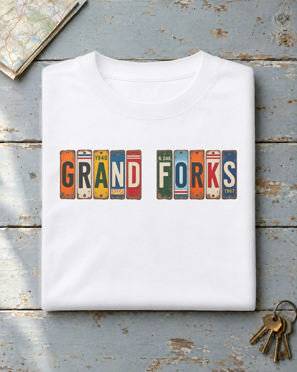 Grand Forks, North Dakota vintage license plate t-shirt in White