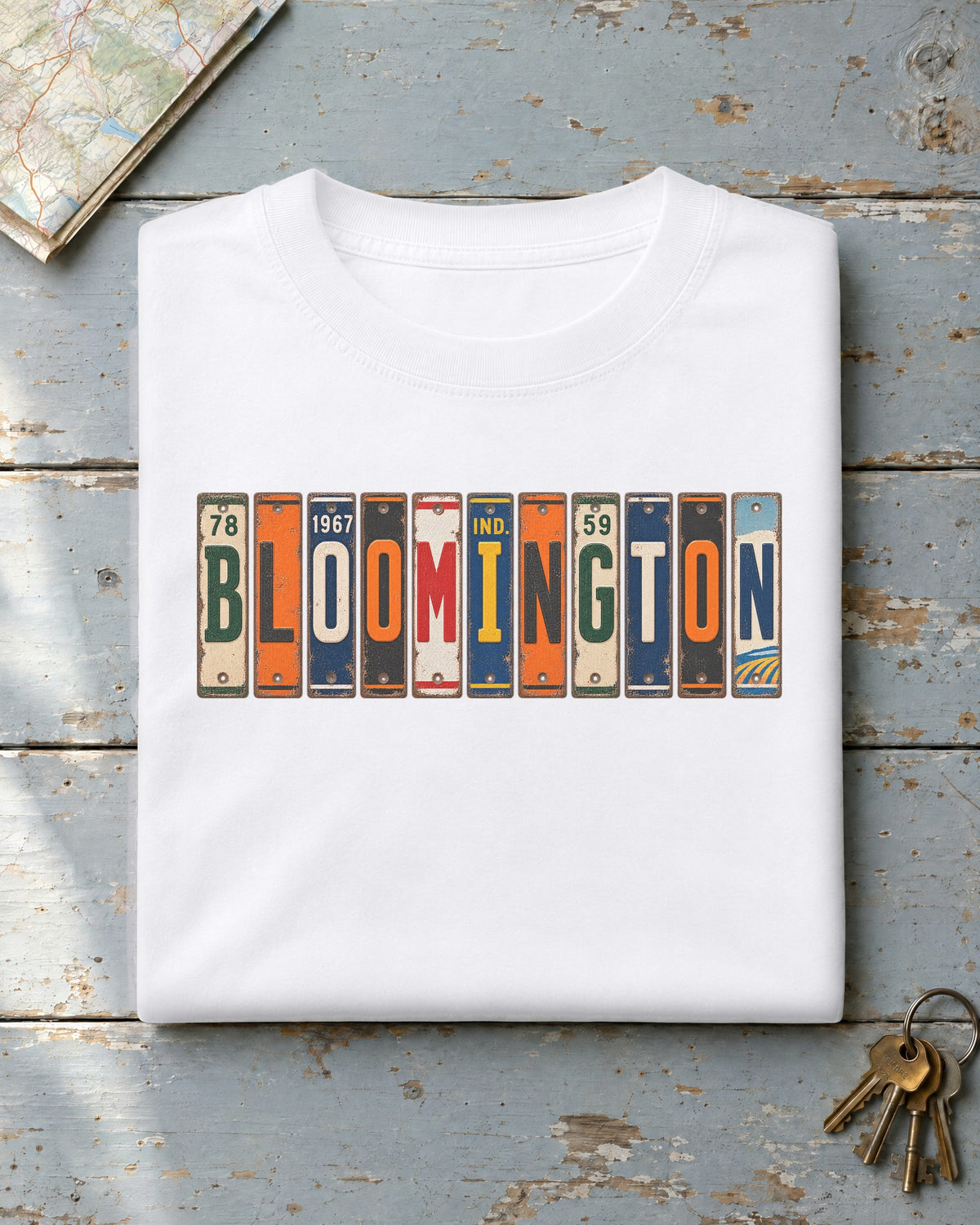 Bloomington, Indiana vintage license plate t-shirt in White