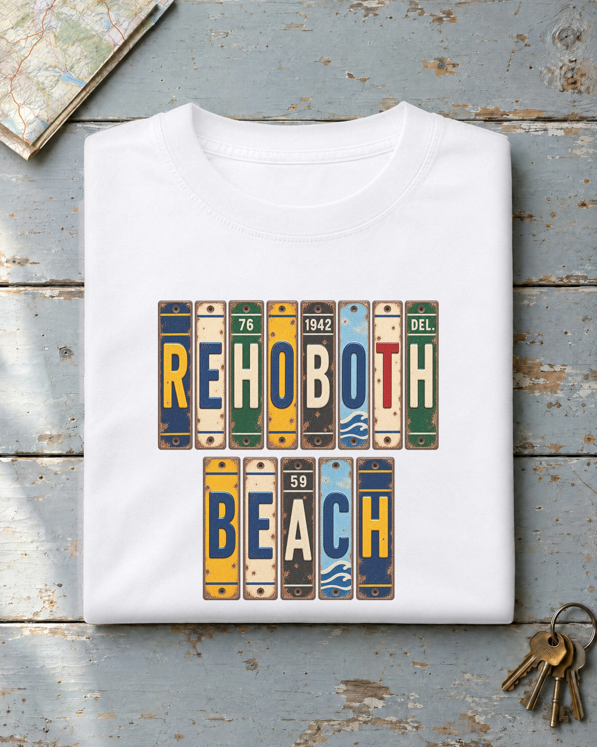 Rehoboth Beach, Delaware vintage license plate t-shirt in White